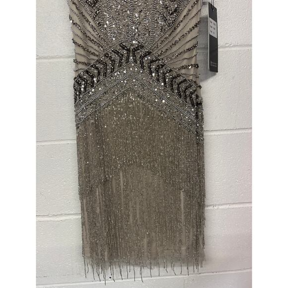 New Lara Sz 6 Silver Fringe Beaded Short Sleeve V-Neck Cocktail Party Mini Dress - Picture 7 of 10